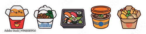 A colorful collection of stylized Asian food takeout containers, featuring noodles, rice, sushi, ramen, and tempura, perfect for delivery services or culinary themes.