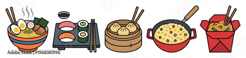 A collection of colorful, flat design icons representing popular Asian foods like ramen, sushi, dim sum, fried rice, and noodles in a takeout box.