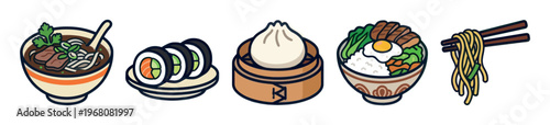 A vibrant vector illustration showcasing a collection of popular Asian food dishes including pho, sushi, bao, donburi, and noodles, perfect for culinary and travel content.
