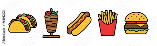 A collection of stylized, colorful vector illustrations featuring popular fast food items including tacos, shawarma, hot dog, french fries, and a hamburger against a clean white background.
