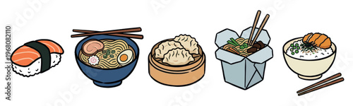A vibrant collection of five popular Asian dishes illustrated in a flat, cartoon style against a white background, perfect for culinary themes.