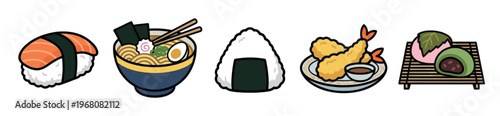 A vibrant flat illustration showcases a collection of popular Japanese foods including sushi, ramen, onigiri, tempura, and mochi on a white background.