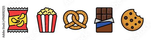 A collection of five flat, colorful icons representing popular snack foods including chips, popcorn, pretzel, chocolate bar, and a cookie, perfect for digital media.