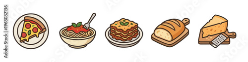 A collection of simple, flat-style illustrations representing popular Italian dishes and ingredients including pizza, spaghetti, lasagna, bread, and cheese, ideal for culinary themes.