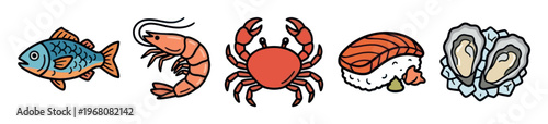 A delightful cartoon illustration showcasing a variety of seafood including a fish, shrimp, crab, sushi, and oysters arranged in a horizontal line against a white background.
