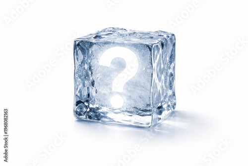 dense frosty ice cube luminous hollow question mark symbol carved through center isolated white background