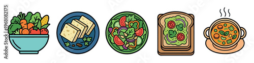 A collection of cheerful, flat-design icons showcases a vibrant array of healthy foods including a salad bowl, tofu, garden salad, avocado toast, and soup, perfect for health and wellness themes.