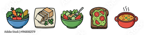 A collection of five distinct, colorful cartoon icons representing healthy food items like vegetable salad, bread, avocado toast, soup, and a bowl of fresh vegetables.