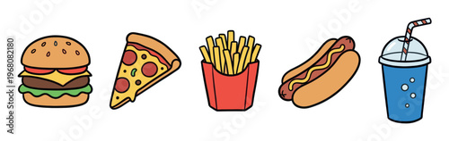 A colorful vector illustration displays a collection of five popular fast food items: a burger, pizza slice, french fries, hot dog, and a drink.