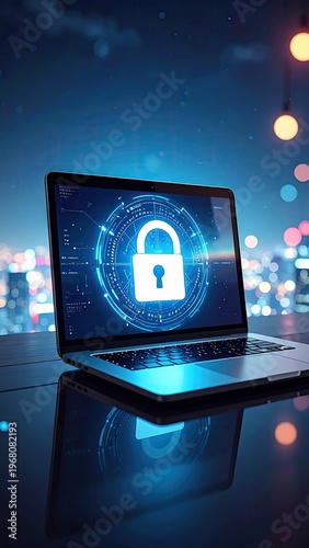 Laptop display padlock over city lights