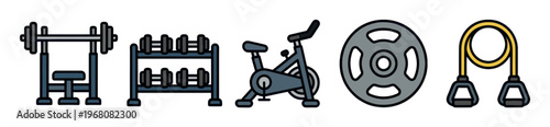 A colorful flat icon illustration showcasing a collection of gym equipment including a barbell, dumbbells, stationary bike, weight plate, and jump rope on a white background.