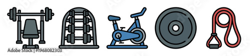 A set of flat design icons featuring various gym equipment including a weight bench, dumbbells, stationary bike, weight plate, and jump rope for fitness and health concepts.