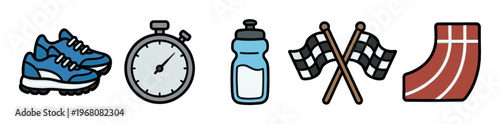 A collection of illustrated sports icons including running shoes, a stopwatch, water bottle, checkered flags, and a track lane.