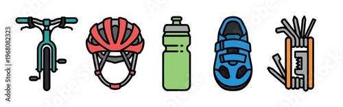 A colorful flat design illustration showcases essential cycling equipment including a bicycle, helmet, water bottle, shoe, and multi-tool against a white background.