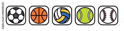 A clean vector graphic displays five distinct sports balls, soccer, basketball, volleyball, tennis, and baseball, each in its own rounded square icon.