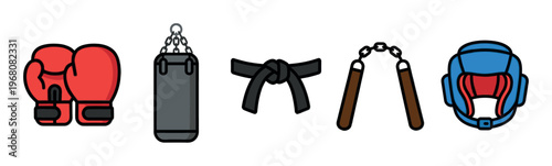 A flat design icon set featuring boxing gloves, punching bag, martial arts belt, nunchucks, and a sparring helmet on a white background.