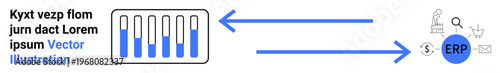 Bar chart connected to ERP system via arrows with icons for analytics, currency, email, and magnifying glass. Ideal for data management, automation, analytics, business insights, workflow