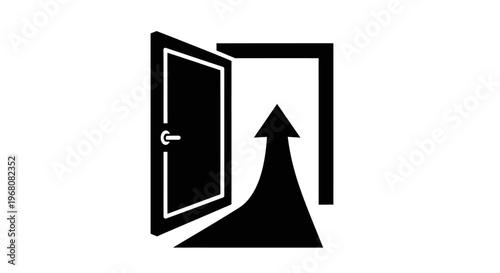 An open door reveals a pathway with an upward arrow inside