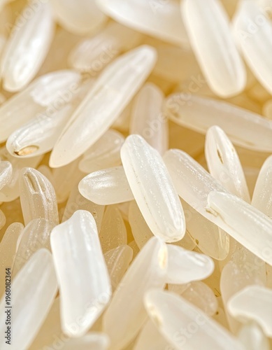 Close-up of scattered, translucent, uncooked rice grains