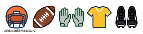 A collection of American football equipment including a helmet, ball, gloves, jersey, and cleats, presented as a clean graphic illustration on a white background.