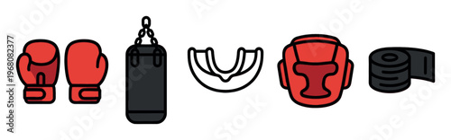 A collection of stylized icons representing boxing equipment, including gloves, punching bag, mouthguard, headgear, and tape, on a white background.
