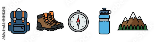 A collection of colorful cartoon-style icons representing hiking and outdoor adventure essentials including a backpack, boots, compass, water bottle, and mountains.