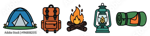 A collection of illustrated camping icons including a tent, backpack, campfire, lantern, and sleeping bag, perfect for travel or outdoor adventure themes.