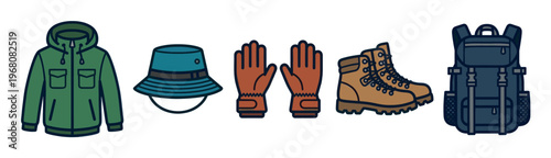 A collection of outdoor adventure gear including a jacket, hat, gloves, boots, and backpack, presented in a clean, modern flat illustration style on a white background.
