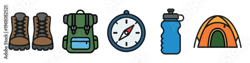 A collection of colorful, flat design icons representing essential camping and hiking equipment, including boots, backpack, compass, water bottle, and tent.