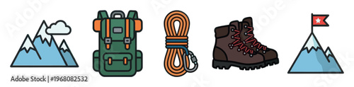 A set of vector icons depicting mountain climbing essentials including mountains, a backpack, rope, boots, and a summit flag for adventure and exploration themes.