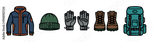A flat illustration set features essential outdoor adventure gear including a jacket, beanie, gloves, boots, and backpack, perfect for travel or activity themes.