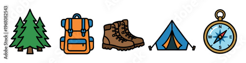 A collection of colorful, flat design icons featuring camping and hiking essentials including a pine tree, backpack, boots, tent, and compass on a white background.