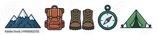 A collection of illustrated icons representing essential hiking and camping gear, including mountains, backpack, boots, compass, and tent.