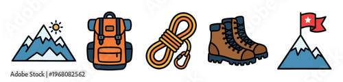 A set of hand-drawn icons depicting mountain climbing essentials including a backpack, rope, boots, and a flag on a peak, suggesting adventure.