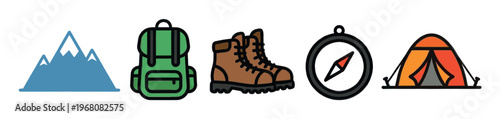 A colorful flat illustration showcases essential hiking equipment including mountains, a green backpack, brown boots, a compass, and an orange tent.