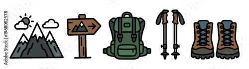 A collection of hand-drawn icons depicting essential hiking gear arranged against a clean white background, symbolizing outdoor adventure and travel.