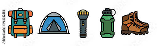 A collection of colorful, flat illustration icons representing essential camping equipment including a backpack, tent, flashlight, water bottle, and hiking boots on a white background.