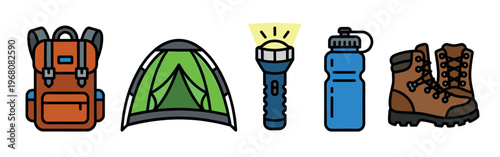 A colorful collection of flat design icons representing essential camping and hiking gear, including a backpack, tent, flashlight, water bottle, and boots.