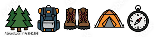 A set of simple, stylized icons representing camping gear including trees, a backpack, hiking boots, a tent, and a compass, perfect for adventure or outdoor themes.