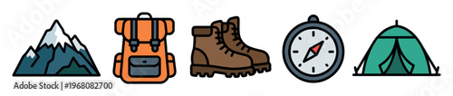 A collection of flat design icons depicting essential hiking and camping equipment including mountains, backpack, boots, compass, and tent.