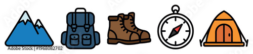 A collection of colorful vector icons representing essential hiking and camping gear, including mountains, a backpack, boots, a compass, and a tent.