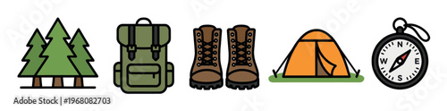 A set of clean, vector icons representing essential camping gear including trees, a backpack, boots, a tent, and a compass, perfect for outdoor adventure themes.