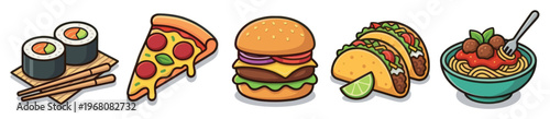 A vibrant collection of stylized food icons including sushi, pizza, burger, tacos, and spaghetti, perfect for graphic design and culinary themes.