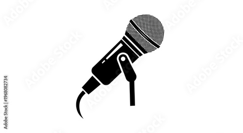 Classic microphone icon with stand and cable. Black and white vector graphic for audio recording, music, broadcast, and speech.