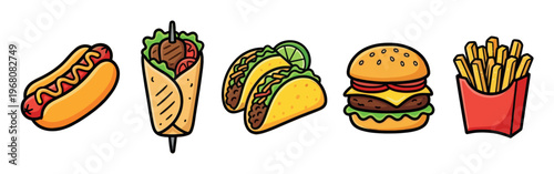 A vibrant collection of popular fast food illustrations including a hot dog, wrap, tacos, burger, and french fries, isolated on a clean white background.