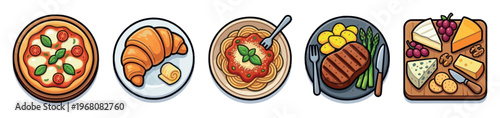 A colorful cartoon collection of diverse food items including pizza, croissant, pasta, steak dinner, and cheese board on a white background.