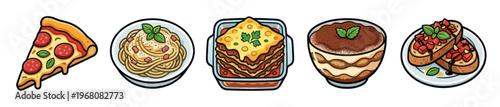 A vibrant cartoon illustration showcases a collection of popular Italian dishes, including pizza, pasta, lasagna, tiramisu, and bruschetta, against a clean white background.