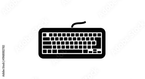 Black silhouette of a computer keyboard with cable on white background. Minimalist technology icon or symbol for typing and data entry.