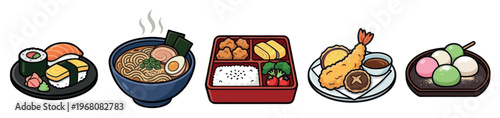 A colorful collection of popular Japanese dishes including sushi, ramen, bento box, tempura, and mochi on a white background.