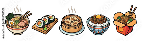 A colorful, flat-design illustration showcasing a variety of popular Asian dishes including ramen, sushi, dumplings, rice bowl, and noodles in a take-out box.